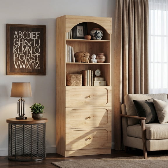 Homieasy 80" Tall Arched Bookcase with 3 Drawers & 3 Open Shelves - Wooden Storage Cabinet for Living Room, Kitchen, Office,Brown
