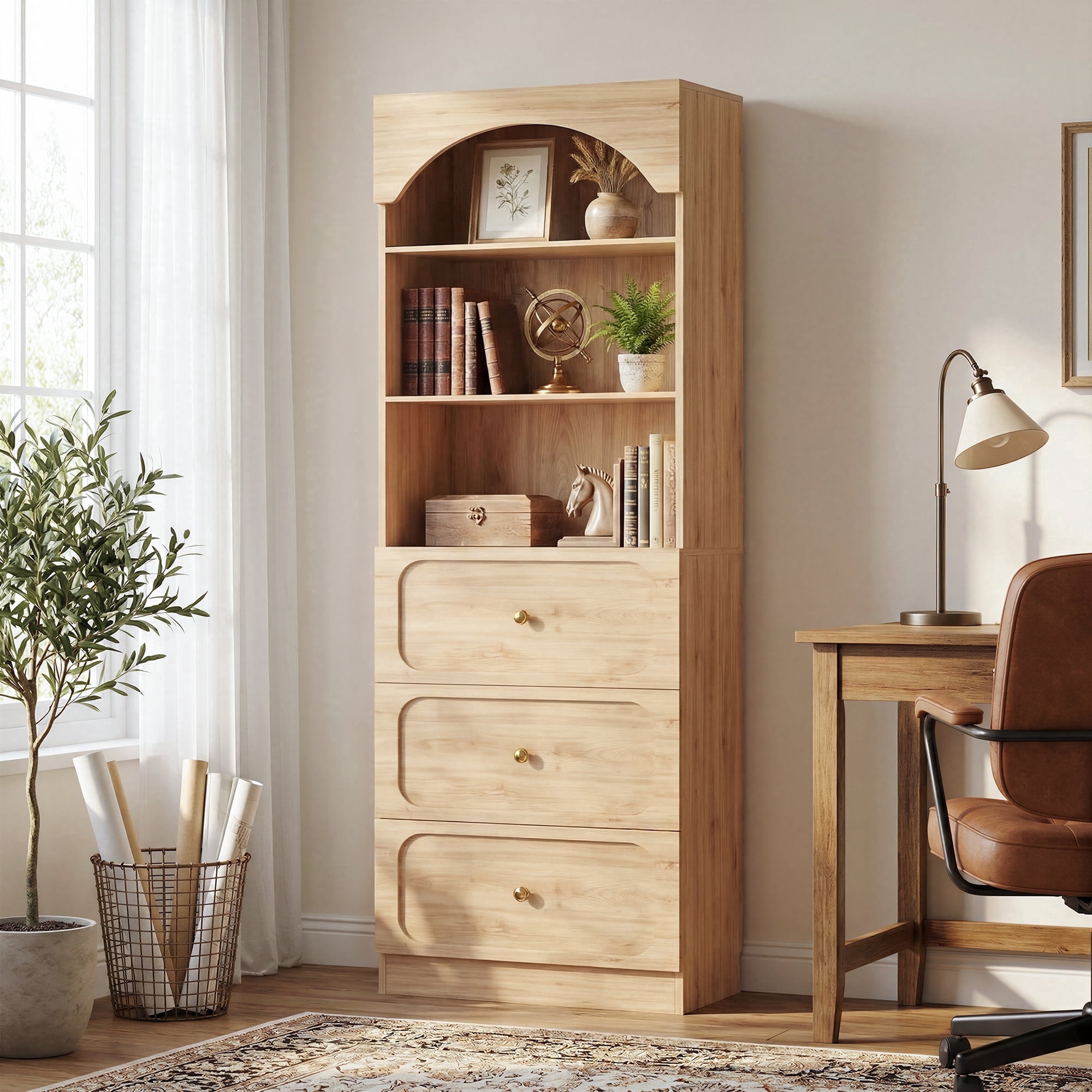 Homieasy 80" Tall Arched Bookcase with 3 Drawers & 3 Open Shelves - Wooden Storage Cabinet for Living Room, Kitchen, Office,Brown