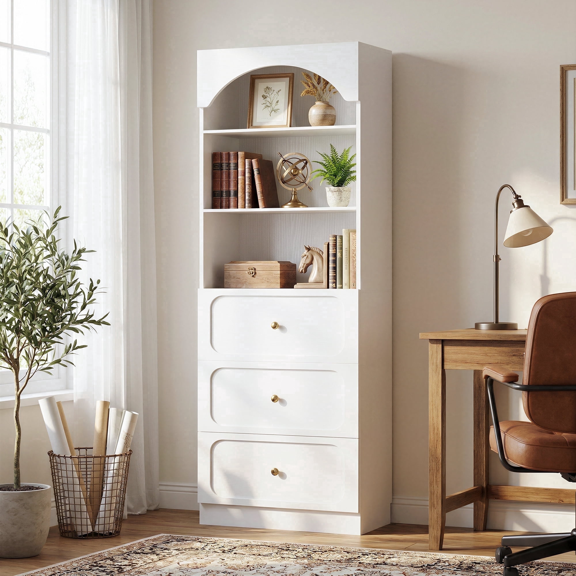 Homieasy 80" Tall Arched Bookcase with 3 Drawers & 3 Open Shelves - Wooden Storage Cabinet for Living Room, Kitchen, Office,White