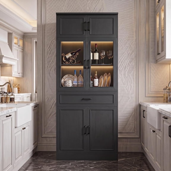 Homieasy 80" Tall Black Kitchen Pantry Storage Cabinet with Glass Doors, Adjustable Shelves & Drawer Organizer - Versatile Cupboard for Kitchen, Dining Room, Living Room, Bathroom