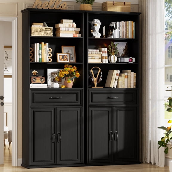 Homieasy 80'' Tall Bookcase 2-Piece Set, Floor Stand Bookcase with Drawer and Cabinet, Storage Cabinet with 3-Tier Shelves for Living Room, Home, Office, Black