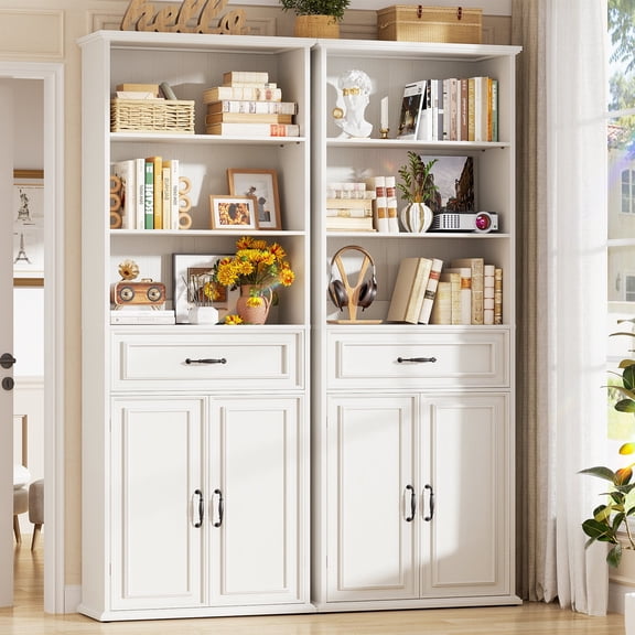 Homieasy 80'' Tall Bookcase 2-Piece Set, Floor Stand Bookcase with Drawer and Cabinet, Storage Cabinet with 3-Tier Shelves for Living Room, Home, Office, White