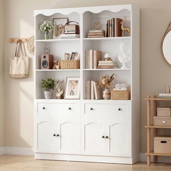 Homieasy 80"H x 55"W Bookcase with Adjustable Shelves, Drawer and Door, White