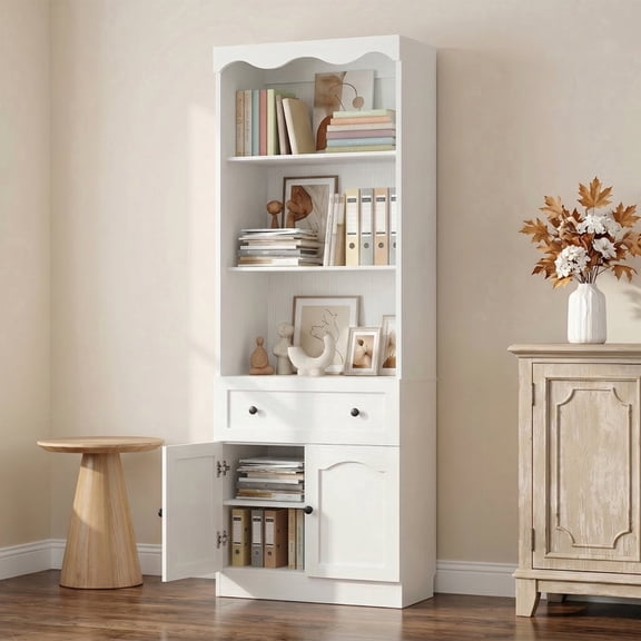 Homieasy 80"H x 27.5"W Bookcase with Adjustable Shelves, Drawer and Door, White