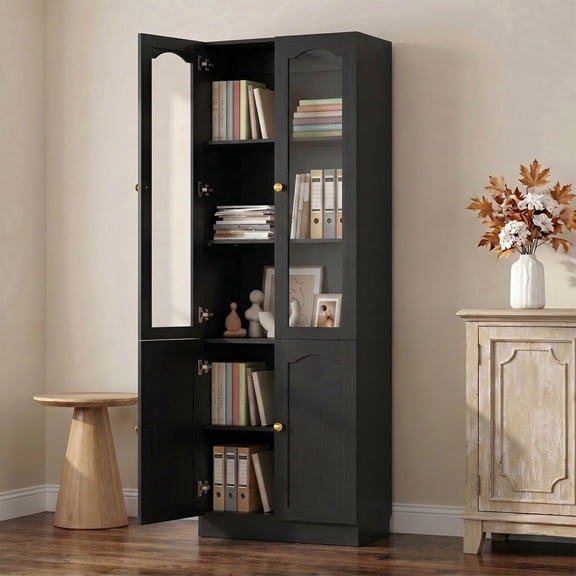 Homieasy 80"H x 23.6"W Bookcase with Adjustable Shelves and Glass Door, Black