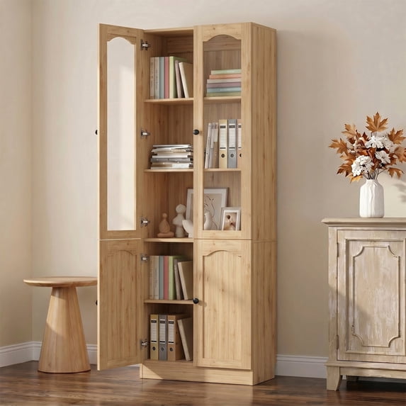 Homieasy 80"H x 23.6"W Bookcase with Adjustable Shelves and Glass Door, White Oak