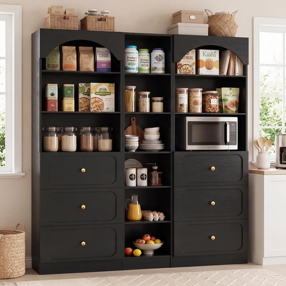 Homieasy 80" Tall Modular Storage System: 2 x 3-Drawer Cabinets + Open Shelving Unit,Freestanding Kitchen Pantry with 12-Tier Shelves, for Living Room, Dining Room, Office,Black