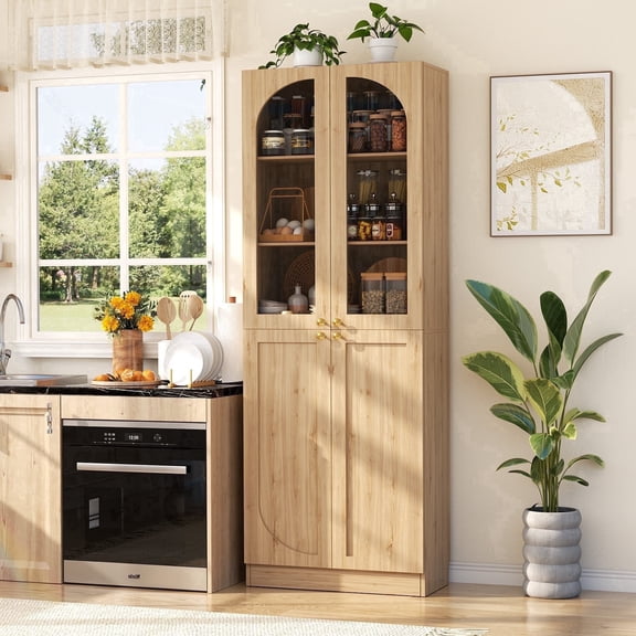 Homieasy 80'' Tall Pantry Storage Cabinet with Glass Doors, 6-Tier Floor Standing Cupboard with Adjustable Shelves for Kitchen, Dining Room, Nature