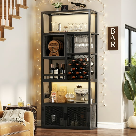 Homieasy 82.6" Tall Wine Bar Cabinet with LED Light and Outlets, 6-Tier Liquor Storage Cabinet with Glass Holder & Wine Rack, for Dining/Kitchen/Living Room, Black Oak