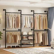 Homieasy 84"-128" Adjustable Metal Pipe Clothing Rack Wall-Mounted,Industrial Garment Rack with 3-Tier Wooden Shelves,Heavy-Duty 1000LBS Capacity, L-Shaped/Straight Design,Black