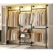 Homieasy 84"-128" Adjustable Metal Pipe Clothing Rack Wall-Mounted,Industrial Garment Rack with 3-Tier Wooden Shelves,Heavy-Duty 1000LBS Capacity, L-Shaped/Straight Design,Black