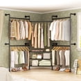 thumbnail image 1 of Homieasy 84"-128" Adjustable Metal Pipe Clothing Rack Wall-Mounted,Industrial Garment Rack with 3-Tier Wooden Shelves,Heavy-Duty 1000LBS Capacity, L-Shaped/Straight Design,Black, 1 of 7
