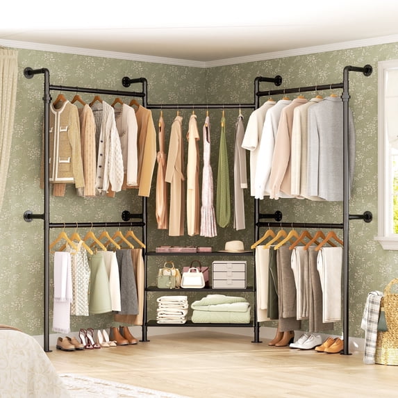 Homieasy 84"-128" Adjustable Metal Pipe Clothing Rack Wall-Mounted,Industrial Garment Rack with 3-Tier Wooden Shelves,Heavy-Duty 1000LBS Capacity, L-Shaped/Straight Design,Black