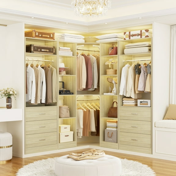 Homieasy 87.2" Freestanding Closet Organizer System - Modular L-Shaped Design,Reversible, 6 Drawers & 4 Hanging Rods, 2000+ LBS Capacity,3 Sets,White Oak