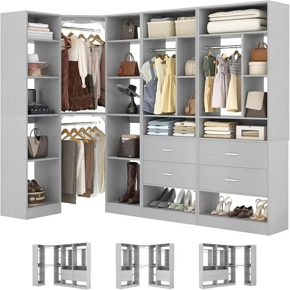 Homieasy 87.2" Large Corner Closet Organizer - 3 Sets with 4 Drawers, 4 Rods & Heavy-Duty 2000+ lbs Capacity,Gray
