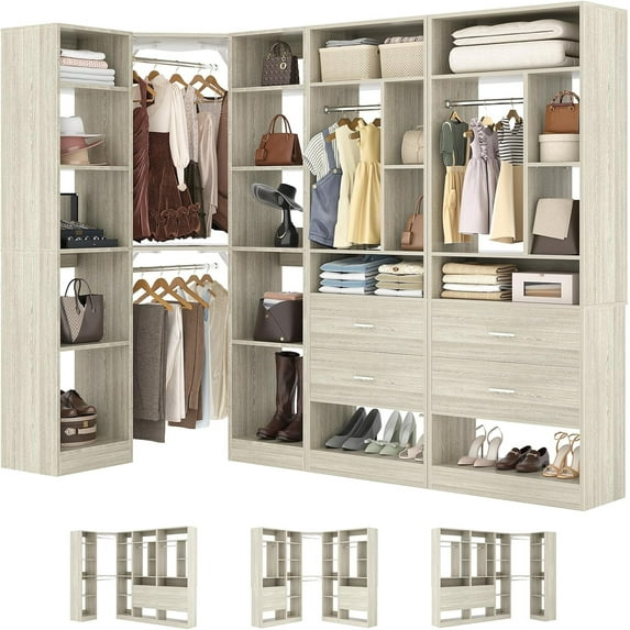 Homieasy 87.2" Large Corner Closet Organizer - 3 Sets with 4 Drawers, 4 Rods & Heavy-Duty 2000+ lbs Capacity,White Oak