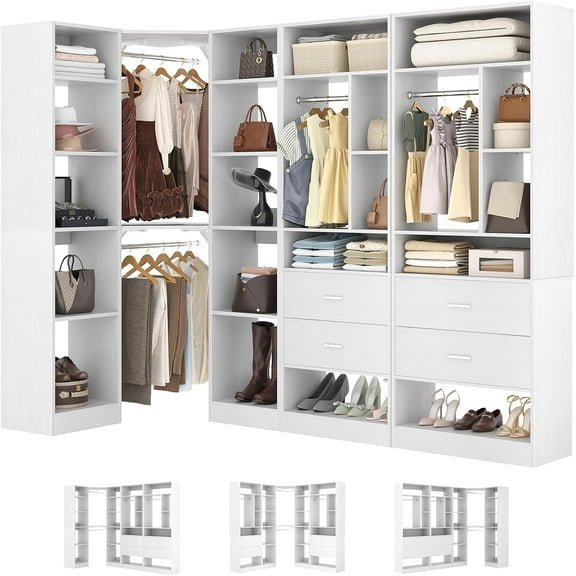 Homieasy 87.2" Large Corner Closet Organizer - 3 Sets with 4 Drawers, 4 Rods & Heavy-Duty 2000+ lbs Capacity,White