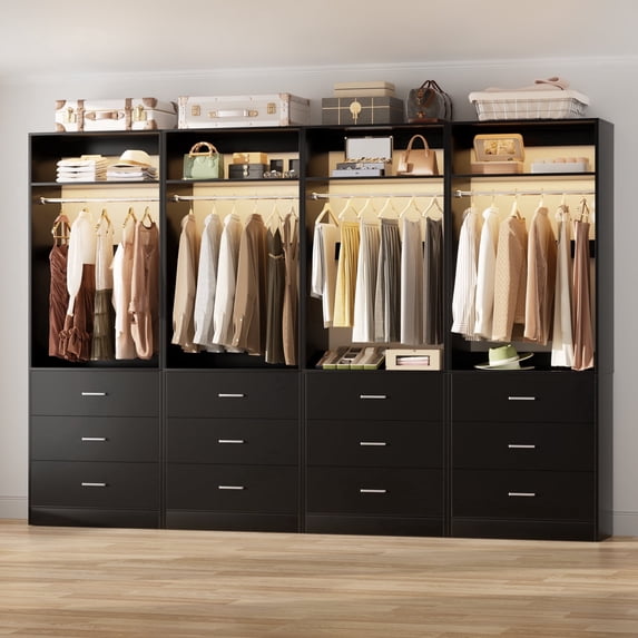Homieasy 8FT (96 Inch) Closet Organizer System,Set of 4 - 12 Wood Drawers, 4 Hanging Rods & 4 Shelves, Heavy Duty Walk-in Closet Storage,Black