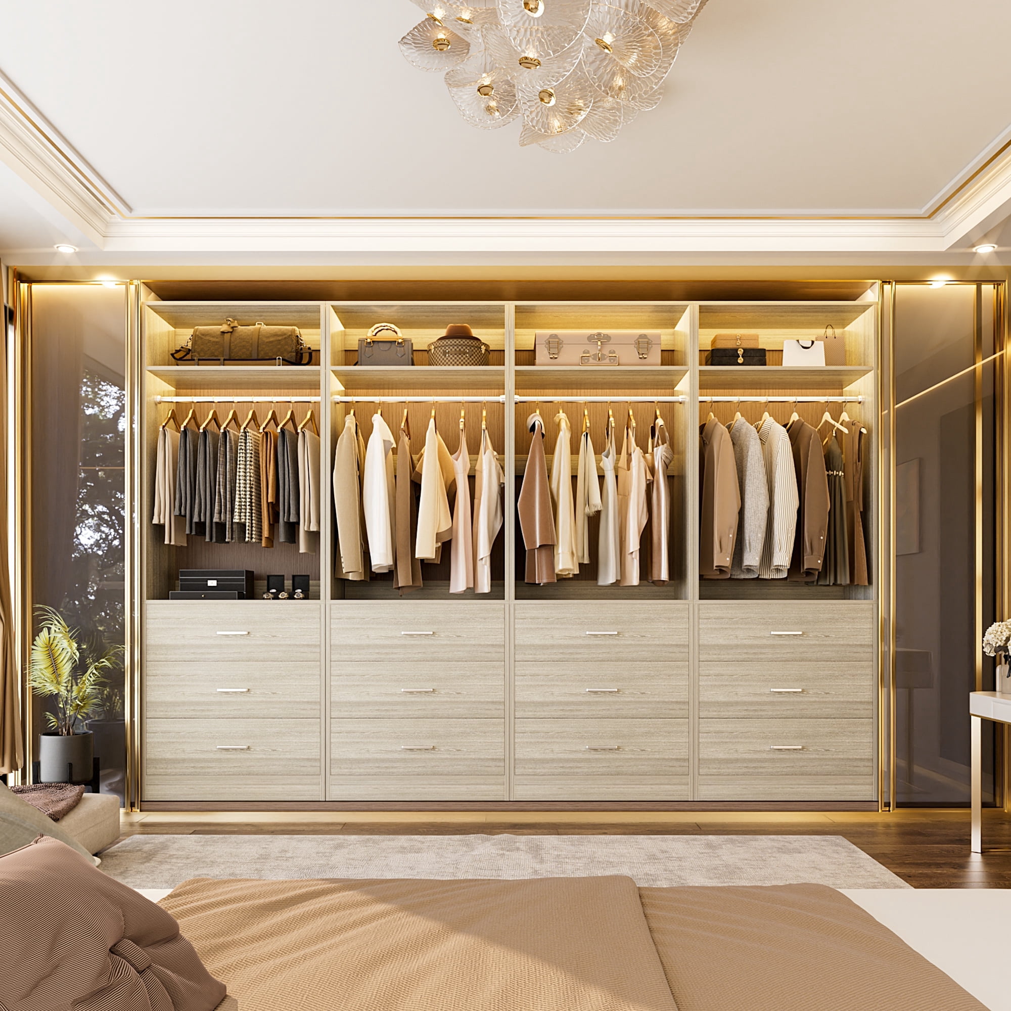 Homieasy 8FT (96 Inch) Closet Organizer System,Set of 4 - 12 Wood Drawers, 4 Hanging Rods & 4 Shelves, Heavy Duty Walk-in Closet Storage,White Oak