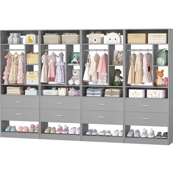 Aheaplus 8FT (96-inch) Closet Organizer System with 8 Wood Drawers, 20+ Shelves & 2 Hanging Rods – Modular Walk-In Closet Storage Unit, 4-Pack,Gray