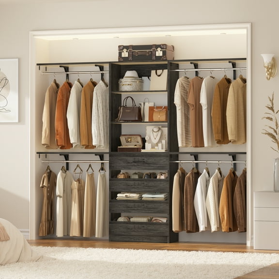 Homieasy 8FT Closet Organizer System with 4 Wooden Drawers & Hanging Rods ,Wooden Heavy-Duty Wardrobe Rack,Adjustable Storage Tower for Walk-In Closets ,Gray Oak