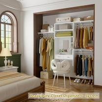 Homieasy 8FT Wall Mounted Closet System with Vanity Desk, 96'' Walk In Closet Organizer System with 3 Adjustable Shelves and Hanging Rods, Heavy Duty Wood Clothes Rack, White