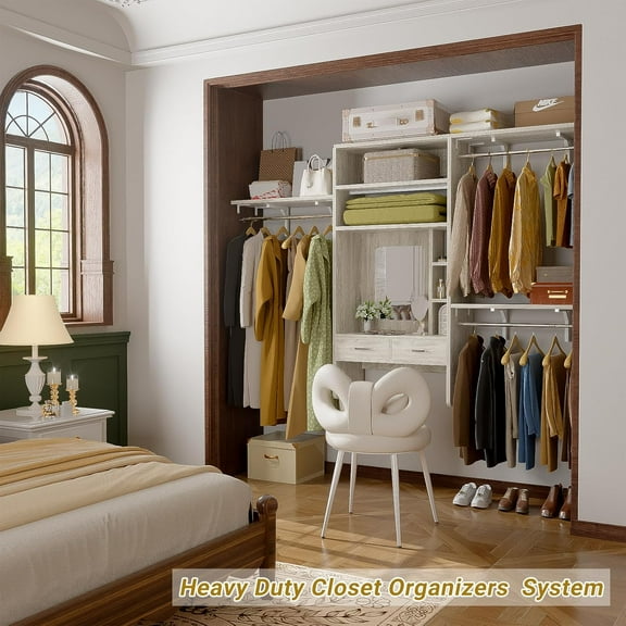 Homieasy 8FT Wall Mounted Closet System with Vanity Desk, 96'' Walk In Closet Organizer System with 3 Adjustable Shelves and Hanging Rods, Heavy Duty Wood Clothes Rack, White Oak