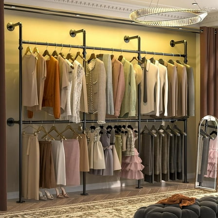 Homieasy 9.85FT Corner L-Shaped Wall Mounted Industrial Pipe Clothing Rack, Heavy Duty Reversible Wardrobe System for Large Walk-in Closets, Black