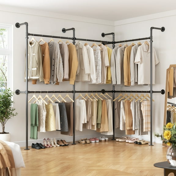 Homieasy 9.85FT Corner L-Shaped Wall Mounted Industrial Pipe Clothing Rack, Heavy Duty Reversible Wardrobe System for Large Walk-in Closets, Black