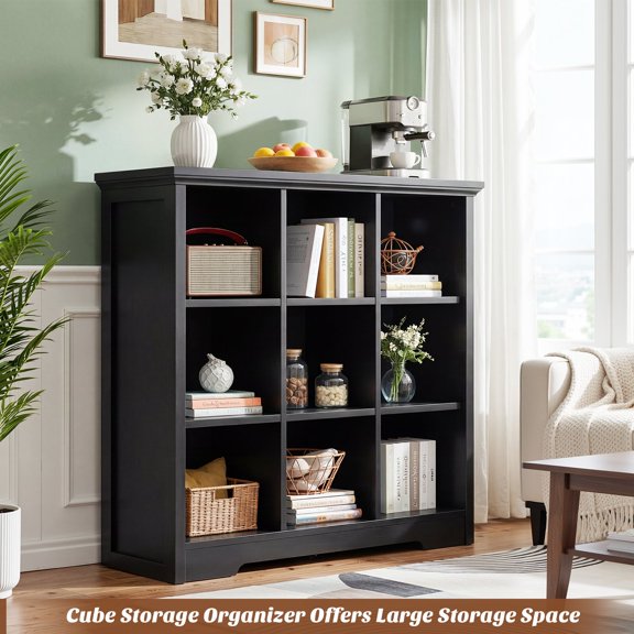 Homieasy 9 Cube Storage Organizer with Charging Station, 41'' Tall Wooden Cube Bookcase for Living Room, Bedroom, Black