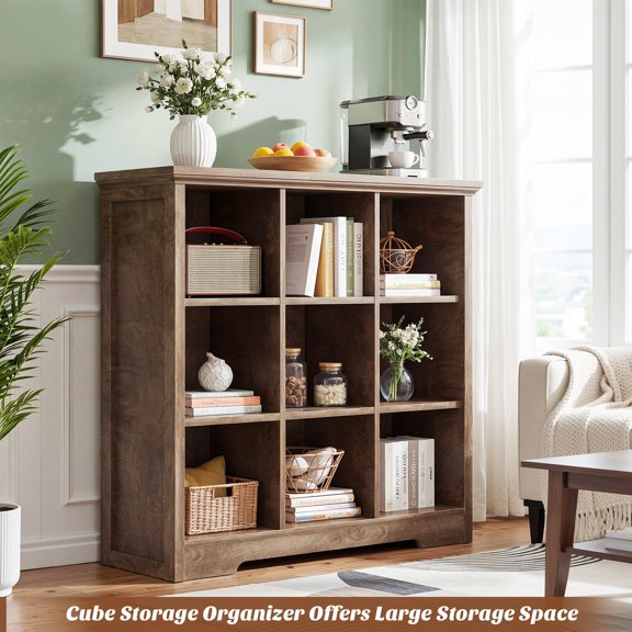 Homieasy 9 Cube Storage Organizer with Charging Station, 41'' Tall Wooden Cube Bookcase for Living Room, Bedroom, Brown Oak