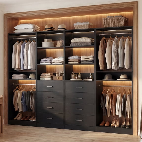 Homieasy 92.6" Closet System with 8 Drawers and 4 Hanging Rods, 4-Piece Walk-In Closet Organizer, Large Capacity Closet Storage System with 15 Shelves for Bedroom, Dressing Room, Black