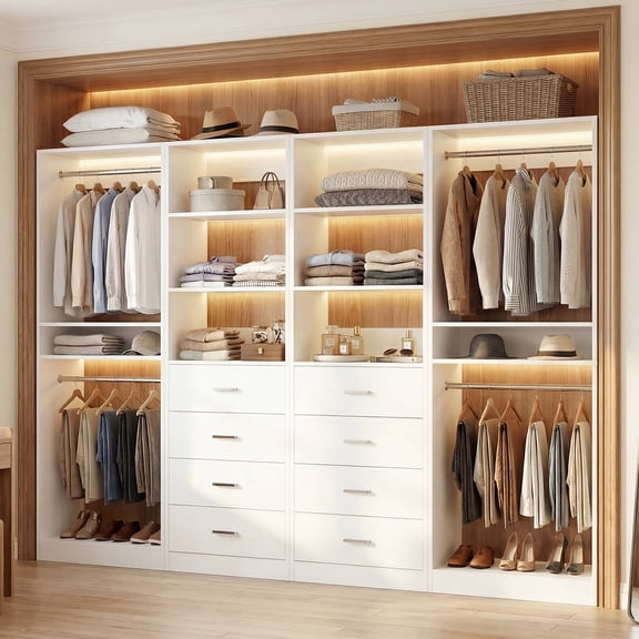 Homieasy 92.6" Closet System with 8 Drawers and 4 Hanging Rods, 4-Piece Walk-In Closet Organizer, Large Capacity Closet Storage System with 15 Shelves for Bedroom, Dressing Room, White