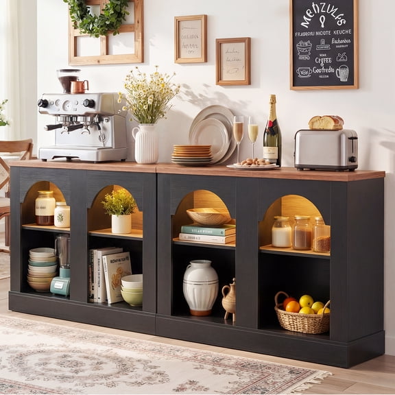 Homieasy 94" Black&Rustic Arched Console Table with LED Lights & Adjustable Shelves - Farmhouse Sofa Table, Sideboard Buffet for Entryway, Hallway, Living Room