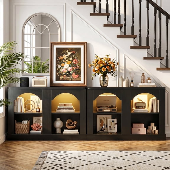 Homieasy 94" Black&Rustic Arched Console Table with LED Lights & Adjustable Shelves - Farmhouse Sofa Table,TV Stand for Entryway, Hallway, Living Room
