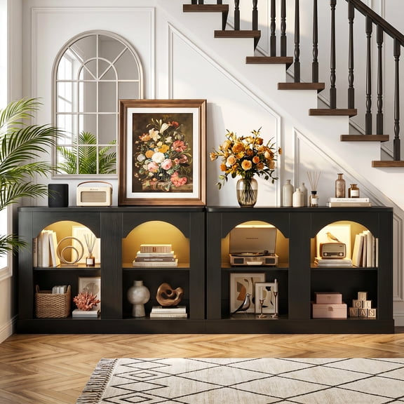 Homieasy 94" Black&Rustic Arched Console Table with LED Lights & Adjustable Shelves - Farmhouse Sofa Table, Sideboard Buffet for Entryway, Hallway, Living Room