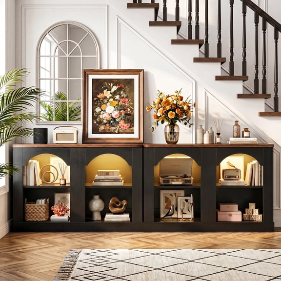 Homieasy 94" Black&Rustic Arched Console Table with LED Lights & Adjustable Shelves - Farmhouse Sofa Table,TV Stand for Entryway, Hallway, Living Room