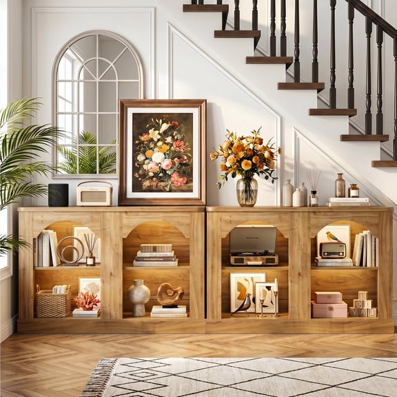 Homieasy 94" Natural Oak Arched Console Table with LED Lights & Adjustable Shelves - Farmhouse Sofa Table,TV Stand for Entryway, Hallway, Living Room