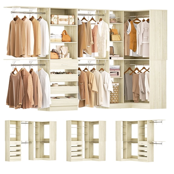 Homieasy 96"-128" 2-Piece Freestanding Closet System, Corner Wardrobe Organizer with Drawers & Shelves for Bedroom/Living Room,White Oak