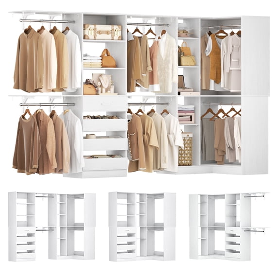 Homieasy 96"-128" 2-Piece Freestanding Closet System, Corner Wardrobe Organizer with Drawers & Shelves for Bedroom/Living Room，White
