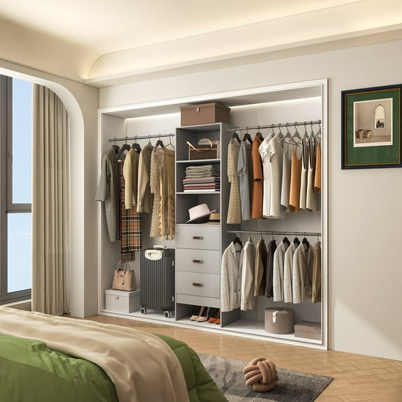 Homieasy Adjustable 5-8FT Wall-Mounted Closet Organizer System with 3 Hanging Rods & 3 Wood Drawers, Bedroom Wardrobe Storage for Closet Organization,Gray