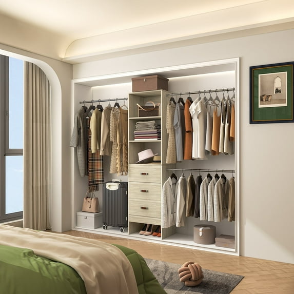 Homieasy Adjustable 5-8FT Wall-Mounted Closet Organizer System with 3 Hanging Rods & 3 Wood Drawers, Bedroom Wardrobe Storage for Closet Organization,White Oak