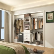 Homieasy Adjustable 5-8FT Wall-Mounted Closet Organizer System with 3 Hanging Rods & 3 Wood Drawers, Bedroom Wardrobe Storage for Closet Organization,White