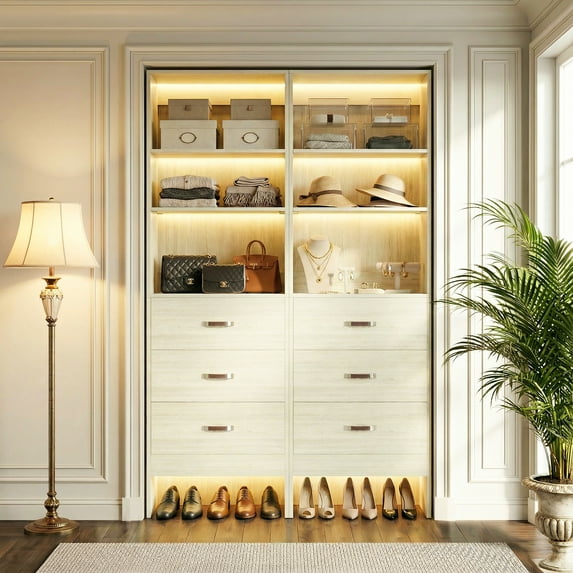 Homieasy 96" Closet System 2-Pack with 6 Hanging Rods & 6 Wooden Drawers - Adjustable Width (5-8FT Each), Wall-Mounted Wardrobe Storage,White Oak