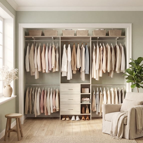Homieasy 96" Closet System with 3 Drawers & 4 Hanging Rods, Wooden Adjustable Armoire Wardrobe Closet System, 8FT Walk-in Wardrobe, Fits Spaces 5-9 ft, Easy Assembly ,White Oak