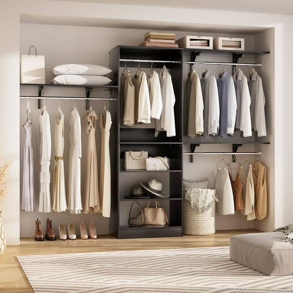Homieasy 96'' Closet System with 3 Shelving Towers, 8FT Closet Organizer with Storage Shelves and Hanging Rods for Walk-in Closet, Bedroom, Black