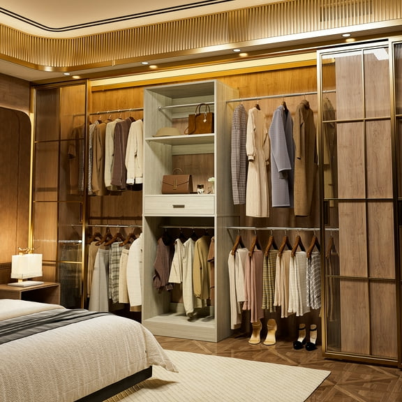 Homieasy 2-8 Ft Closet Organizer System with Drawer, 4 Extendable Hanging Rods and Adjustable Shelves, Walk-In Clothing Storage Rack, Max Load 1000 lbs, White Oak