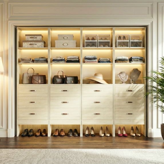 Homieasy 96" Closet System Value 4-Pack with 12 Hanging Rods & 12 Wooden Drawers - Adjustable (5-8FT Each), Wall-Mounted Bulk Wardrobe Storage,White Oak