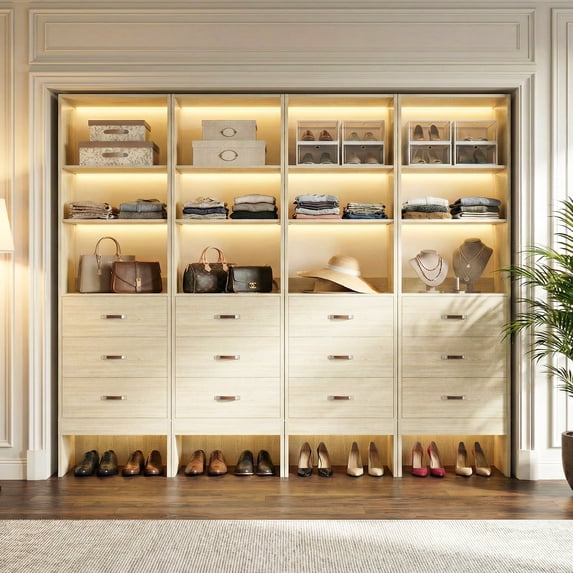 Homieasy 96" Closet System Value 4-Pack with 12 Hanging Rods & 12 Wooden Drawers - Adjustable (5-8FT Each), Wall-Mounted Bulk Wardrobe Storage,White Oak