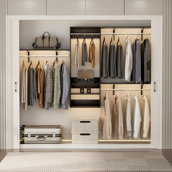 Homieasy 96'' Hanging Closet System, 8FT Closet Organizer System with Hanging Rod, Walk In Mounted Closet System, Built-In Clothes Garment Rack with 3 Shelving Towers(Can Be Cut To Fit), Black